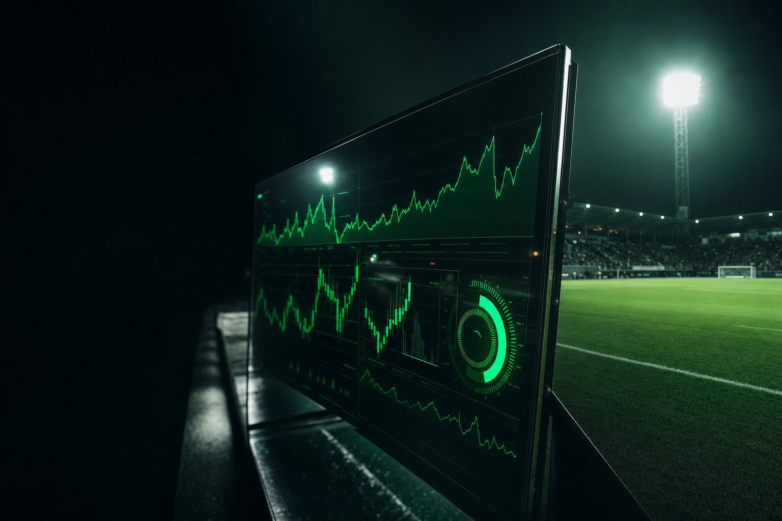 Flutlichtmast eines Fussballstadions bei Nacht neben einer Datenanalyse-Anzeige, Symbolbild für Sportwetten Tipps