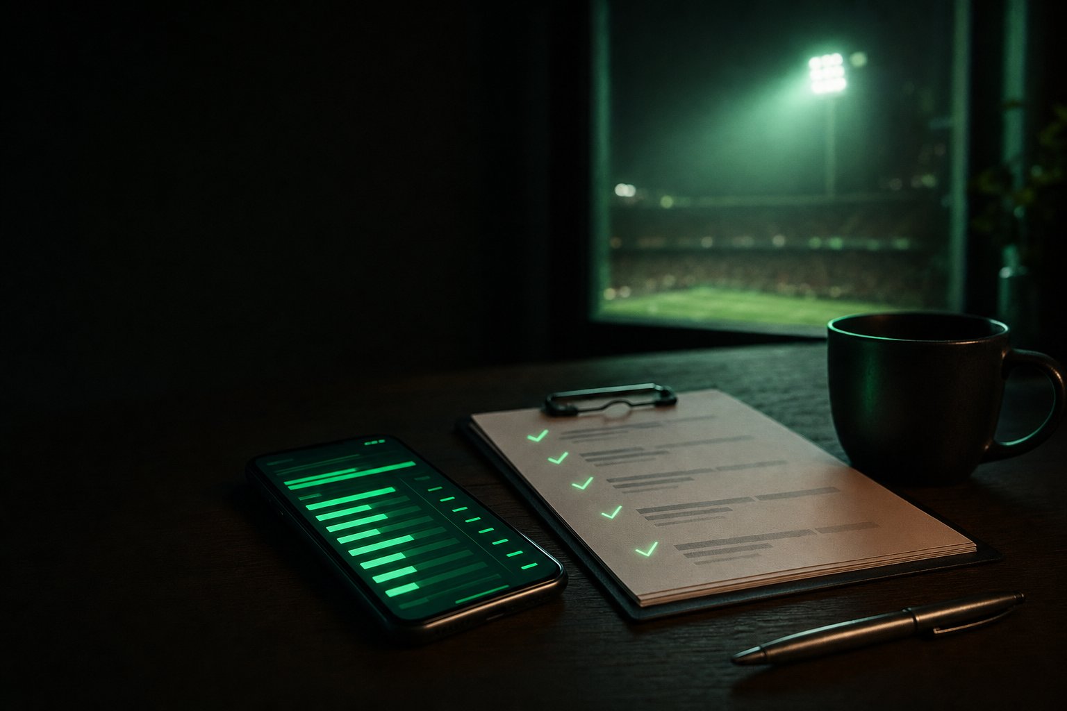 Schreibtisch bei Nacht mit Smartphone, abgehakter Prüfliste und Blick auf ein beleuchtetes Stadion
