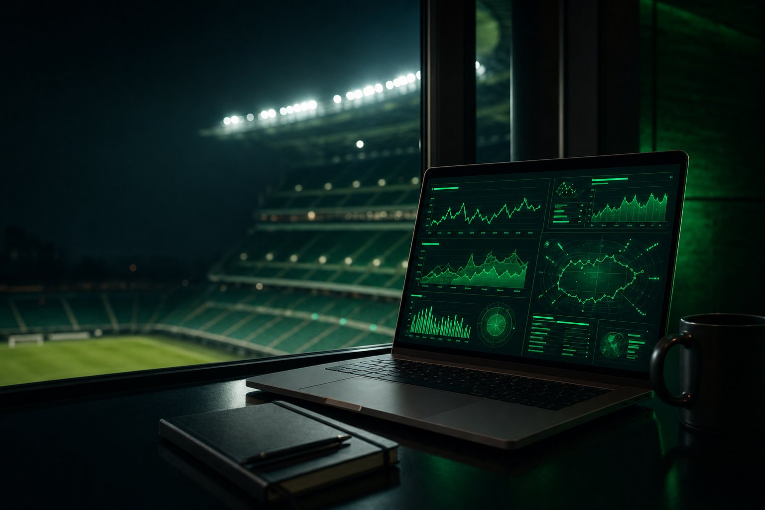 Stadionflutlicht bei Nacht neben einem Laptop mit Datenanalyse, Symbolbild für Wett Tipps heute