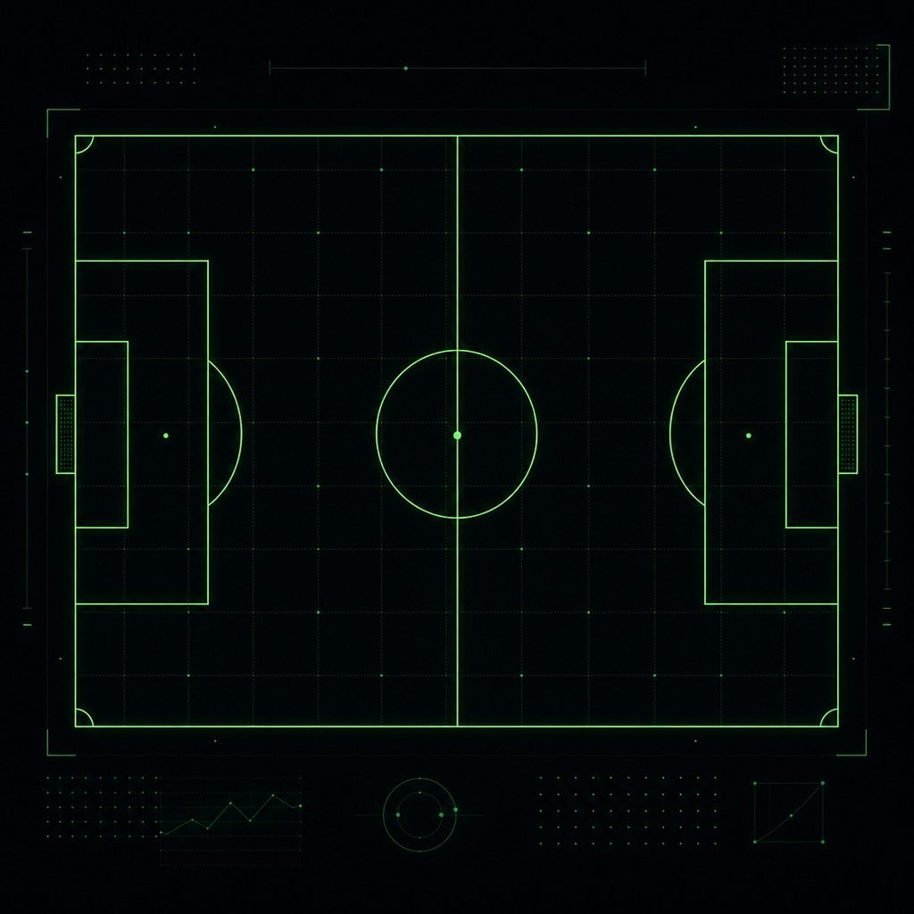 Taktische HUD-Schemazeichnung eines Fussballfelds als Sinnbild für Sportarten